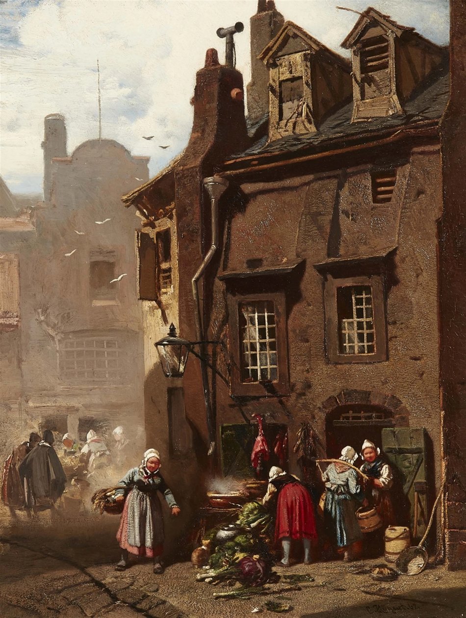 Német: Markttreiben in einer mittelalterlichen Stadt Piaci nap egy középkori városban alkotó: Charles Hoguet