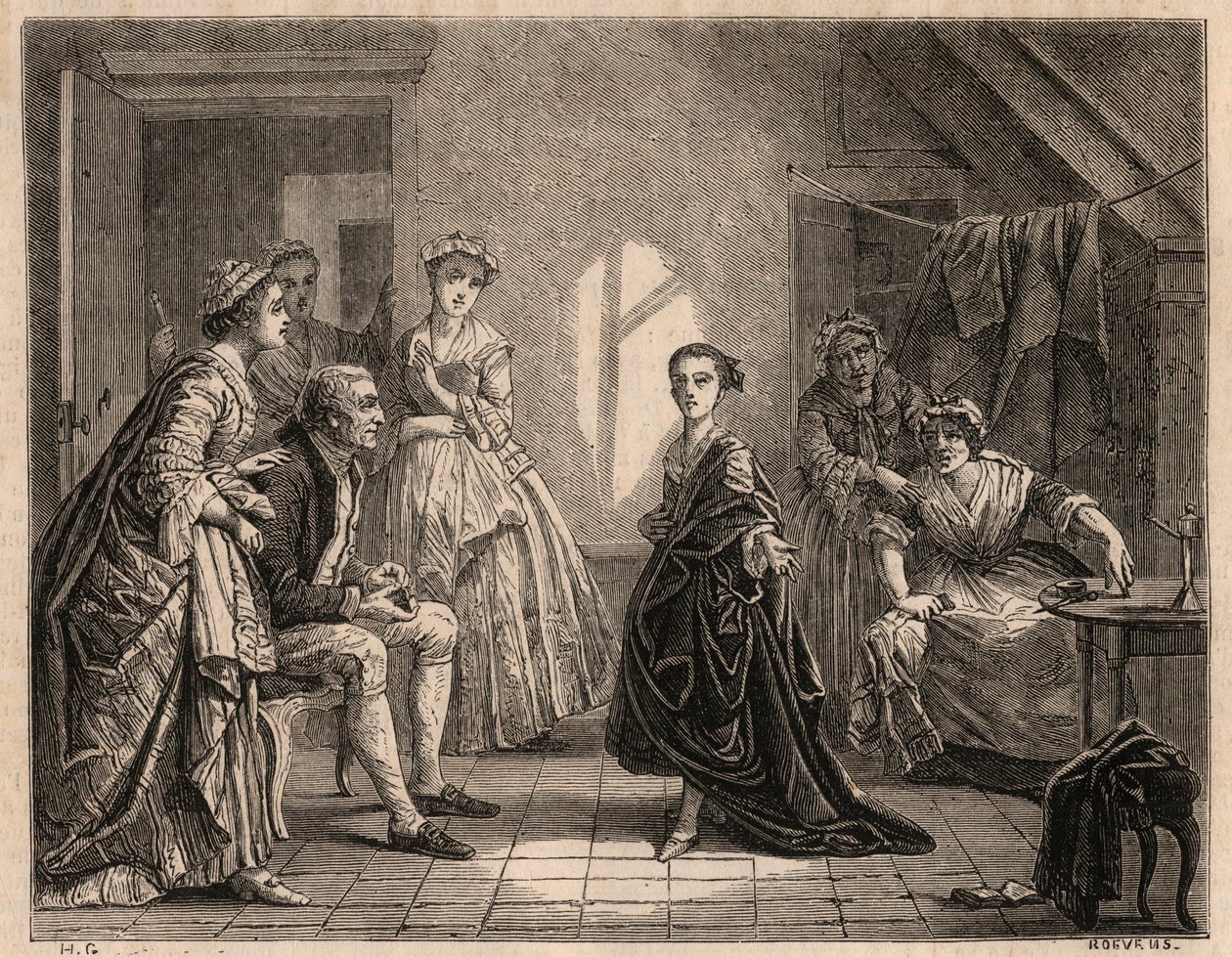 Mademoiselle Clairon gyermekkora: a fiatal Claire-Josephe (Claire Josephe) Leris (1723-1803) szavalja a most látott darab verseit. Komikussá vált „Mademoiselle Clairon” vagy „La Clairon” néven. 1862-es metszet a festőről alkotó: Charles Housez