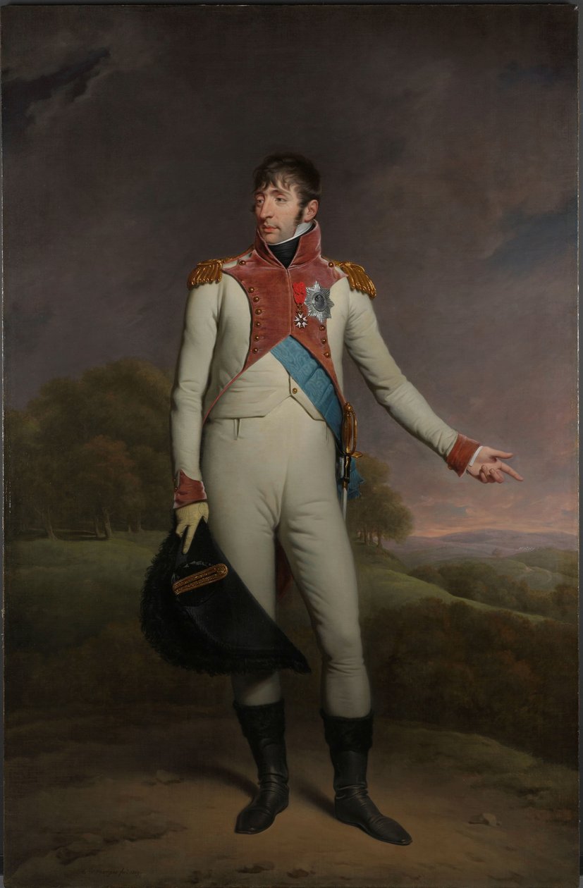 Lajos Napóleon, Hollandia királyának portréja Louis Napóleon (1778-1846), Hollandia királya 1806-tól 1810-ig, a gyalogos életőrök egyenruhájában, a Holland Unió Királyi Rendjének Nagykeresztjével és az L Tiszti Keresztjével díszítve. alkotó: Charles Howard Hodges