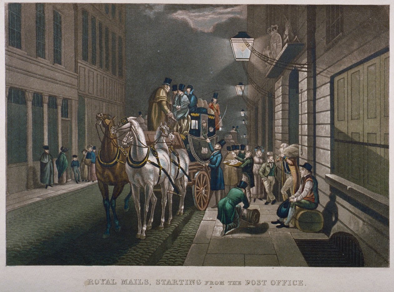 Postakocsi a General Post Office előtt, Lombard Street, City of London, 1827 alkotó: Charles Hunt