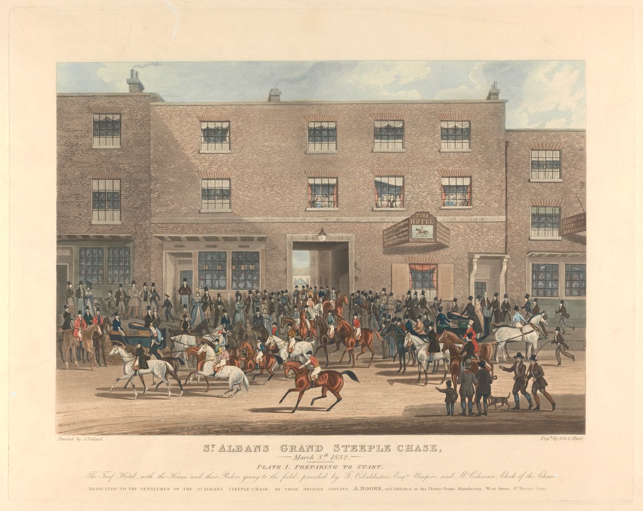 Toronyhajsza [hatos készlet]: St. Albans Grand Steeple Chase. / 1832. március 8. 1. tábla. Felkészülés az indulásra ... alkotó: Charles Hunt