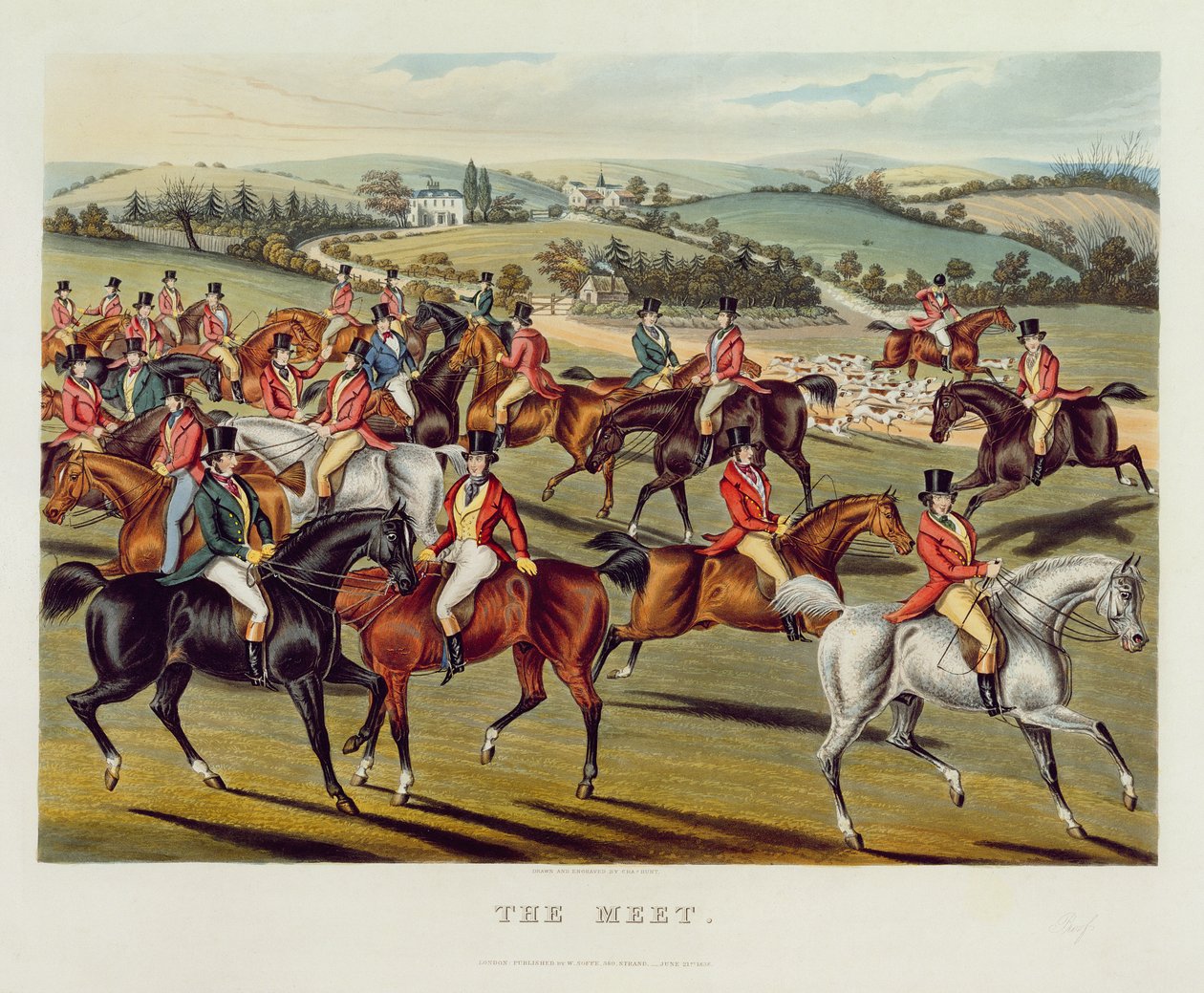 „The Meet”, I. tábla a „Fox Hunting”-ból, 1838 (kézzel színezett akvatinta) alkotó: Charles Hunt