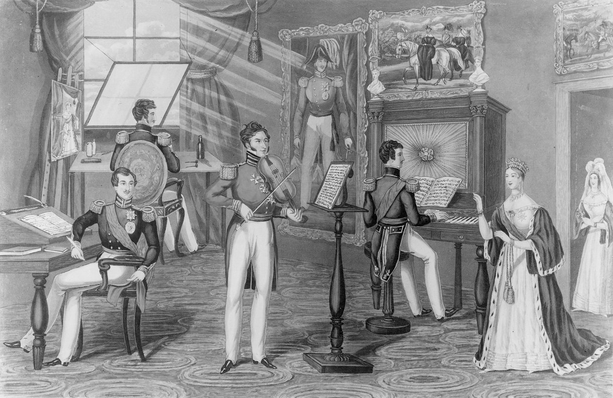 A windsori csoda: A művész, költő, hegedűs, Itt látjuk, És minden Tweedle-dum és Tweedle-dee, 1841 körül (litográfia) (fekete-fehér fotó). alkotó: Charles Hunt
