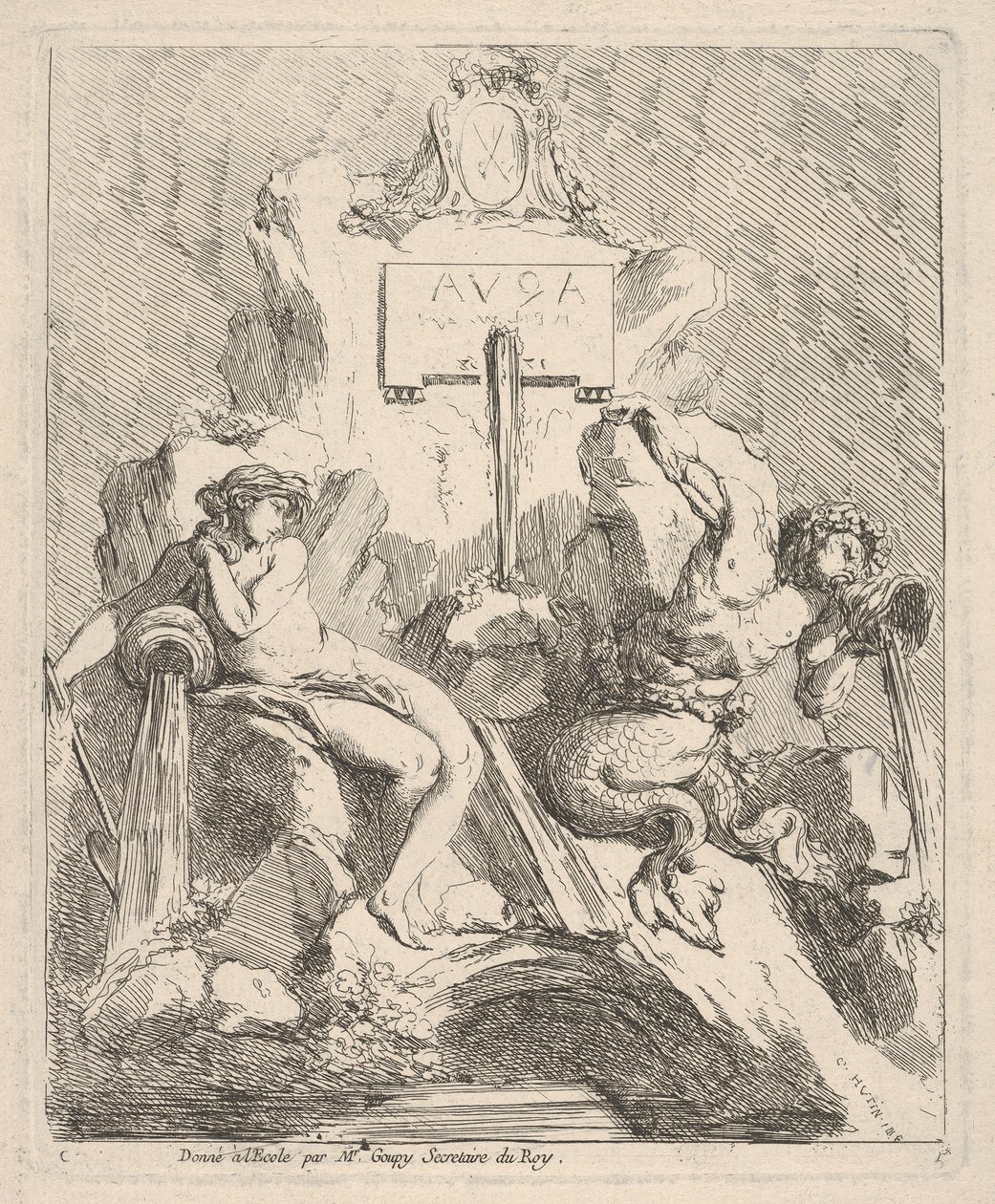 Tervezés egy szökőkúthoz, bal oldalán ülő nimfával és kagylót a szájához tartó tritonnal..., 1768. alkotó: Charles Hutin