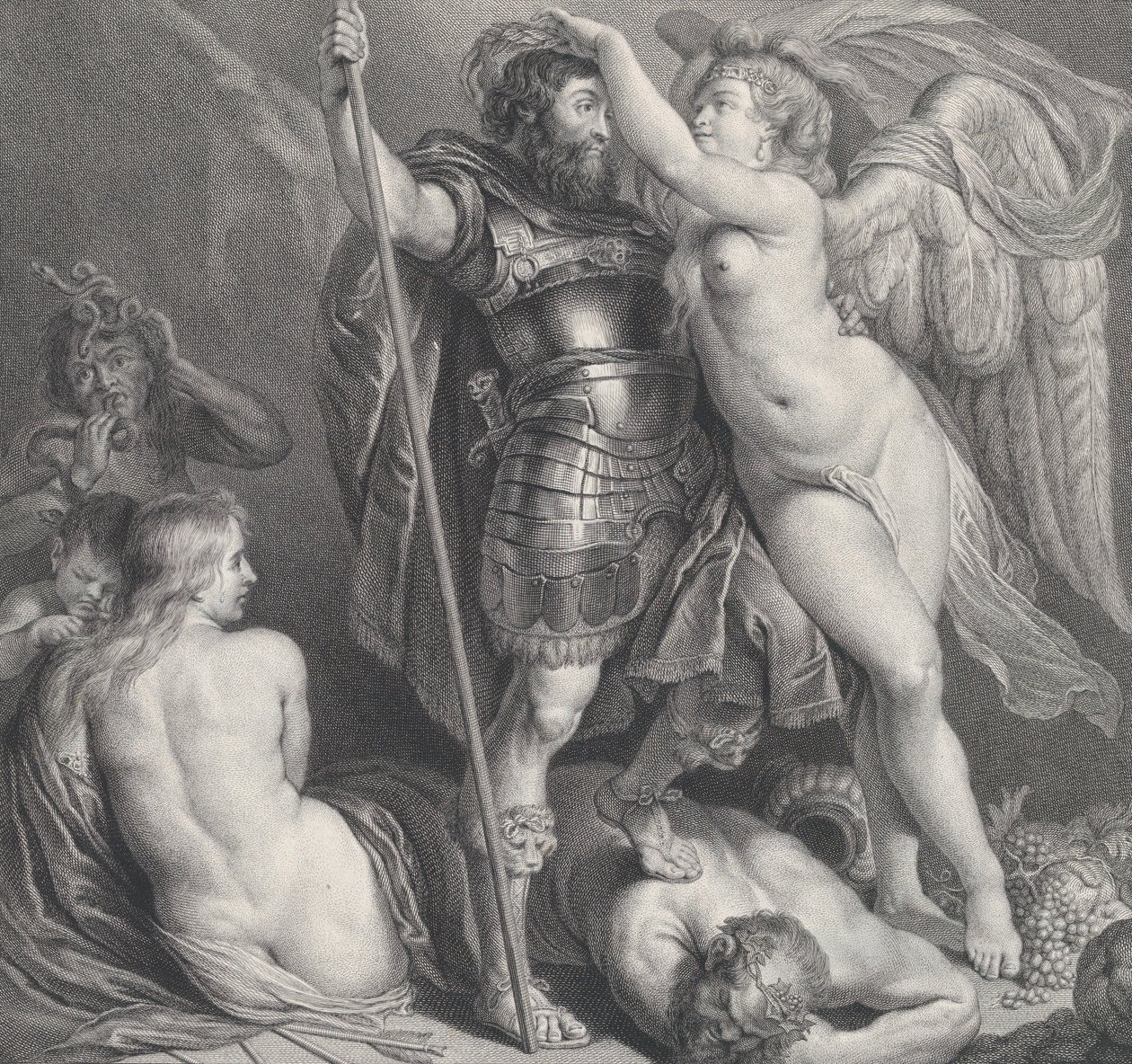 Győzelem által megkoronázott hős, aki babérkoszorút helyez a fejére, Vénusz és Ámor a..., kb. 1735-61. alkotó: Charles Hutin
