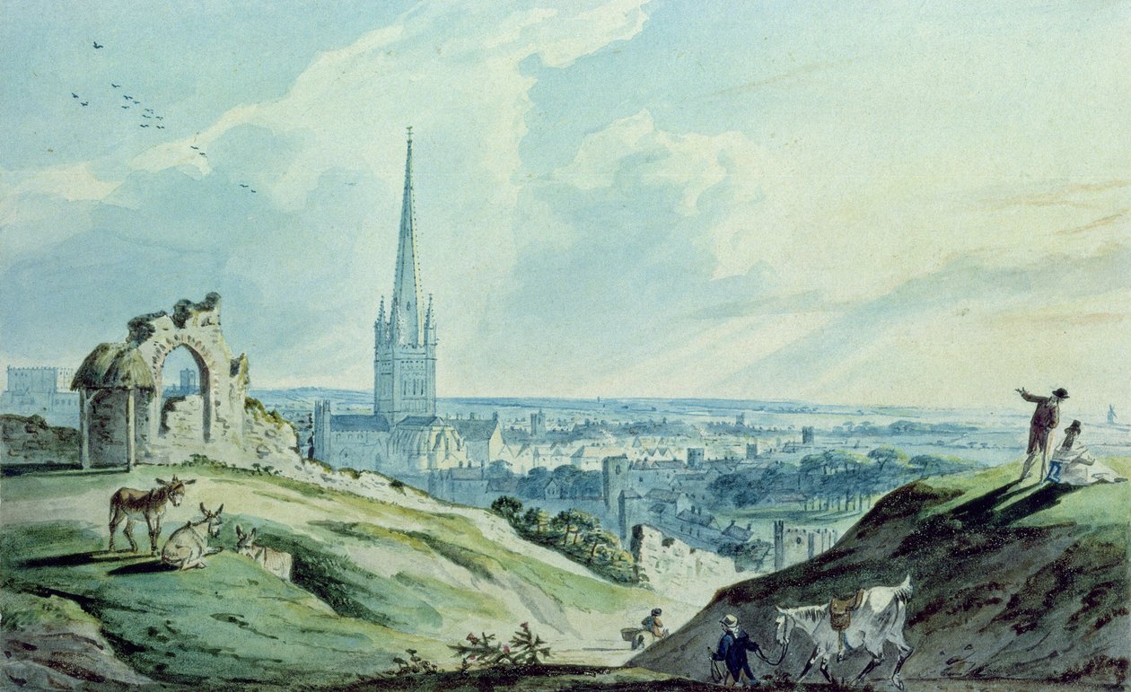 Norwich látképe a Mouseshold-hegyről, a Ketts-kastély romjai mellett alkotó: Charles, II Catton
