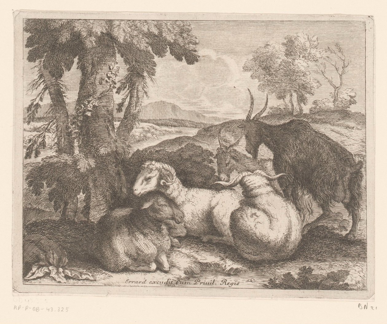 Birkák és kecskék egy fa alatt Állatsorozat (sorozat címe) alkotó: Charles II Errard (attributed to)