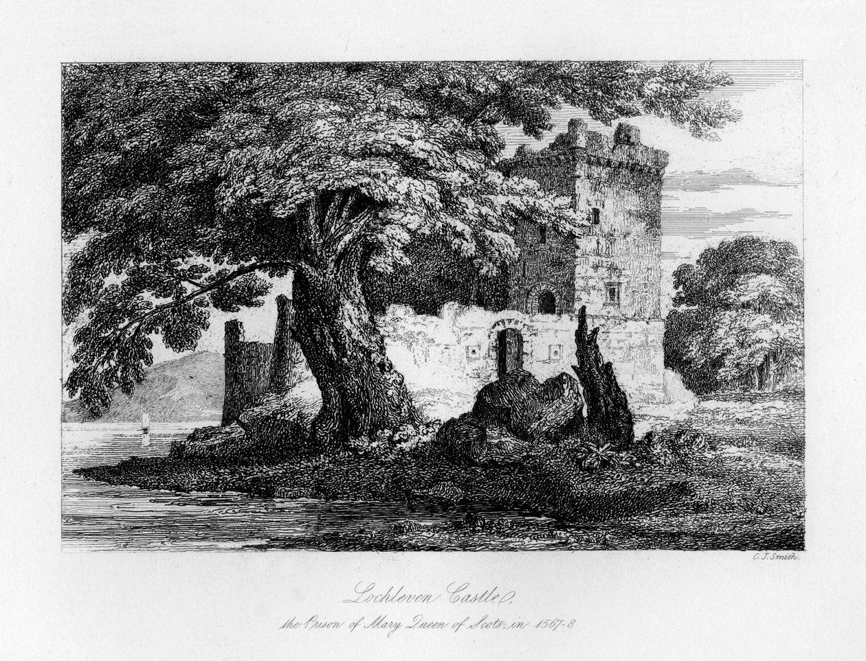 Lochleven kastély, Skócia, Mária, a skót királynő börtöne, 1840 alkotó: Charles J. Smith