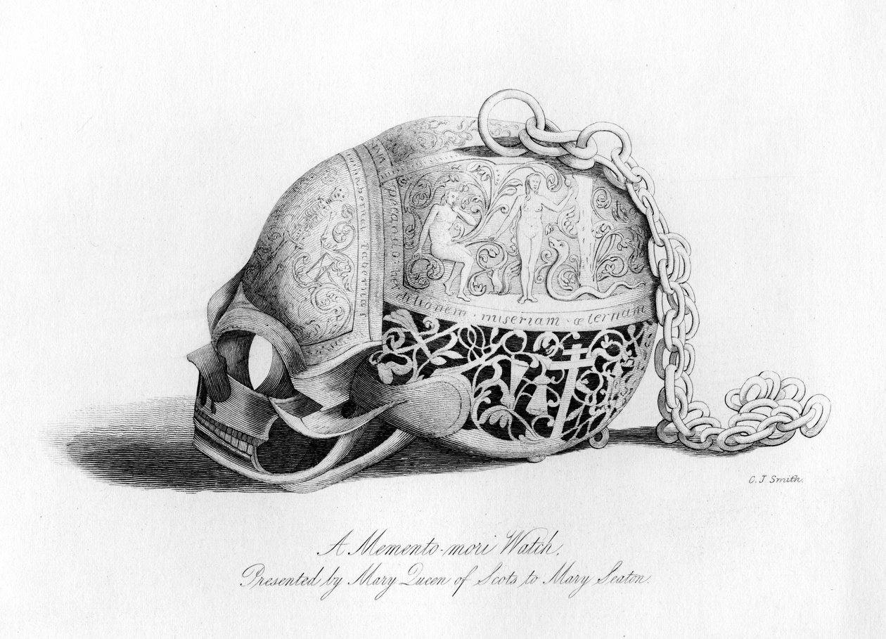 Memento-Mori karóra, amelyet Mary Queen of Scots ajándékozott Mary Seatonnak, 16. század, 1840. alkotó: Charles J. Smith