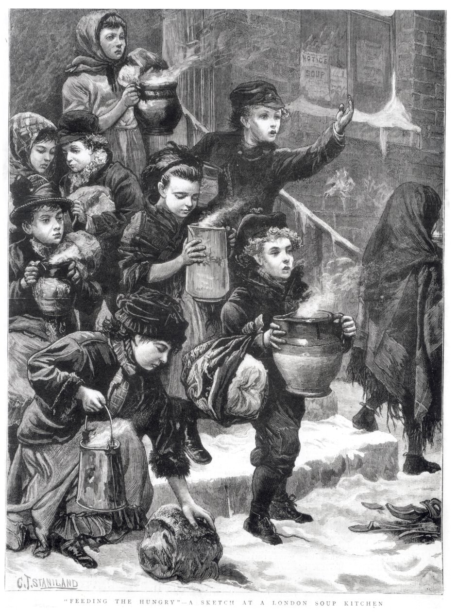 Az éhezők etetése, A londoni leveskonyha, 1880 alkotó: Charles J. Staniland
