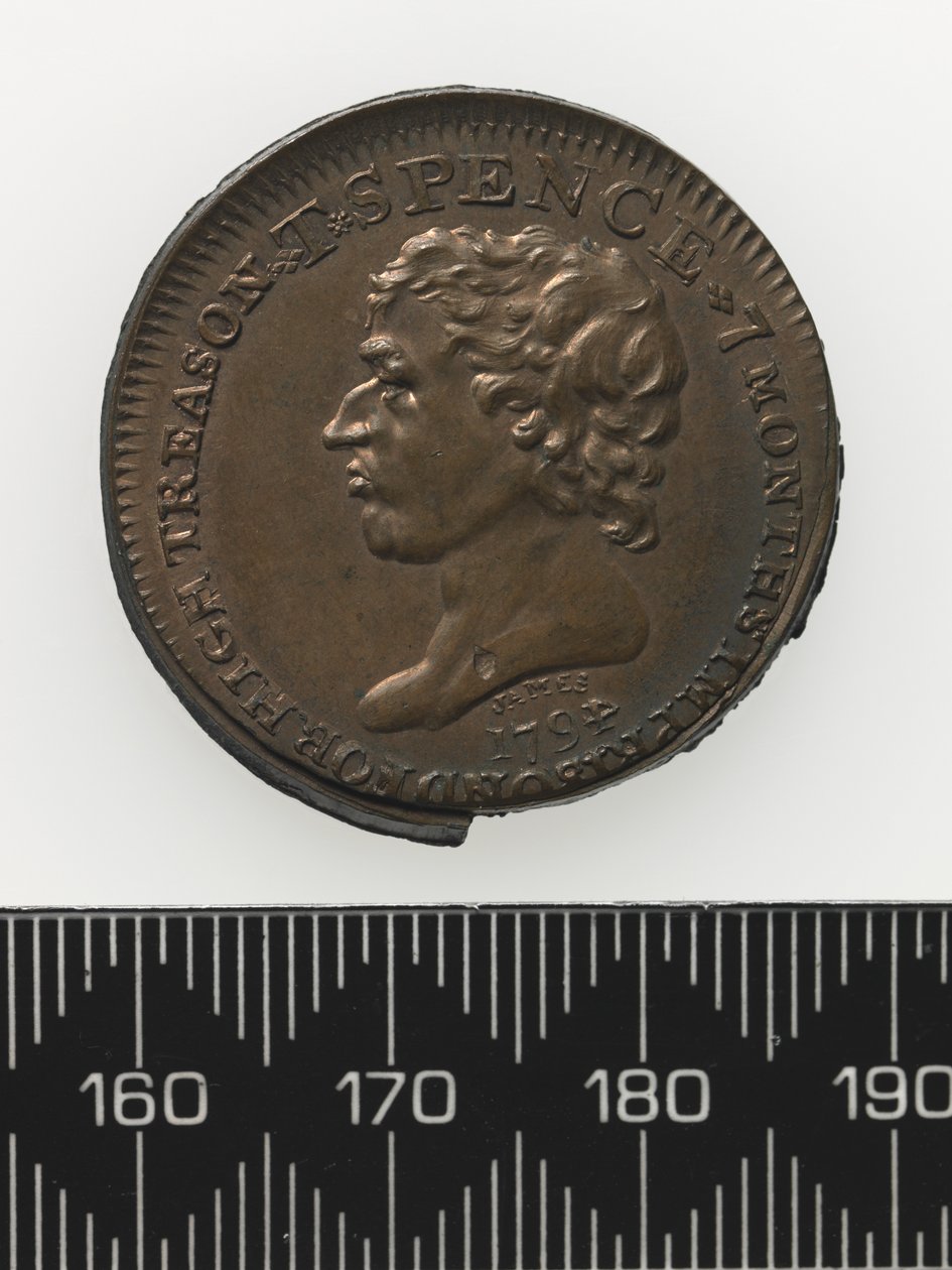 Thomas Spence token mellszobra, előlap (réz) alkotó: Charles James
