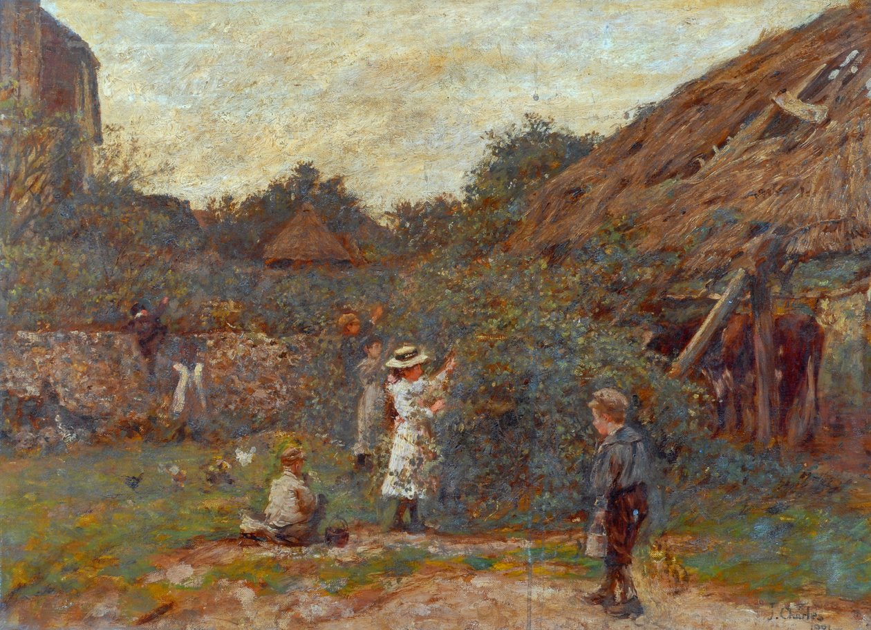Jelenet a tanyaudvaron gyümölcsszedő gyerekekkel, 1901 alkotó: Charles James