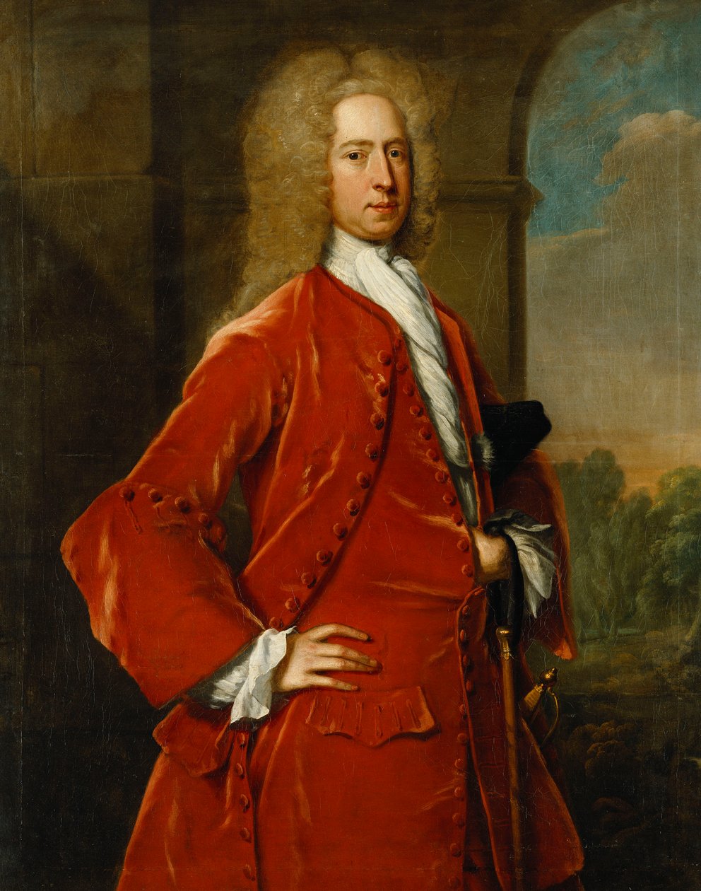 William Forward ezredes háromnegyed hosszúságú portréja piros kabátban és mellényben, fehér nadrágban, egy kőboltozat mellett, egy táj túloldalon, alkotó: Charles Jervas
