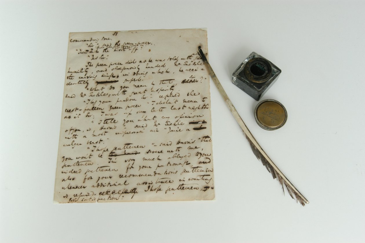 Pickwick Papers kézirat, 1837 körül, és Dickens toll és tinta, fényképezett 2000-es évek alkotó: Charles John Huffam Dickens
