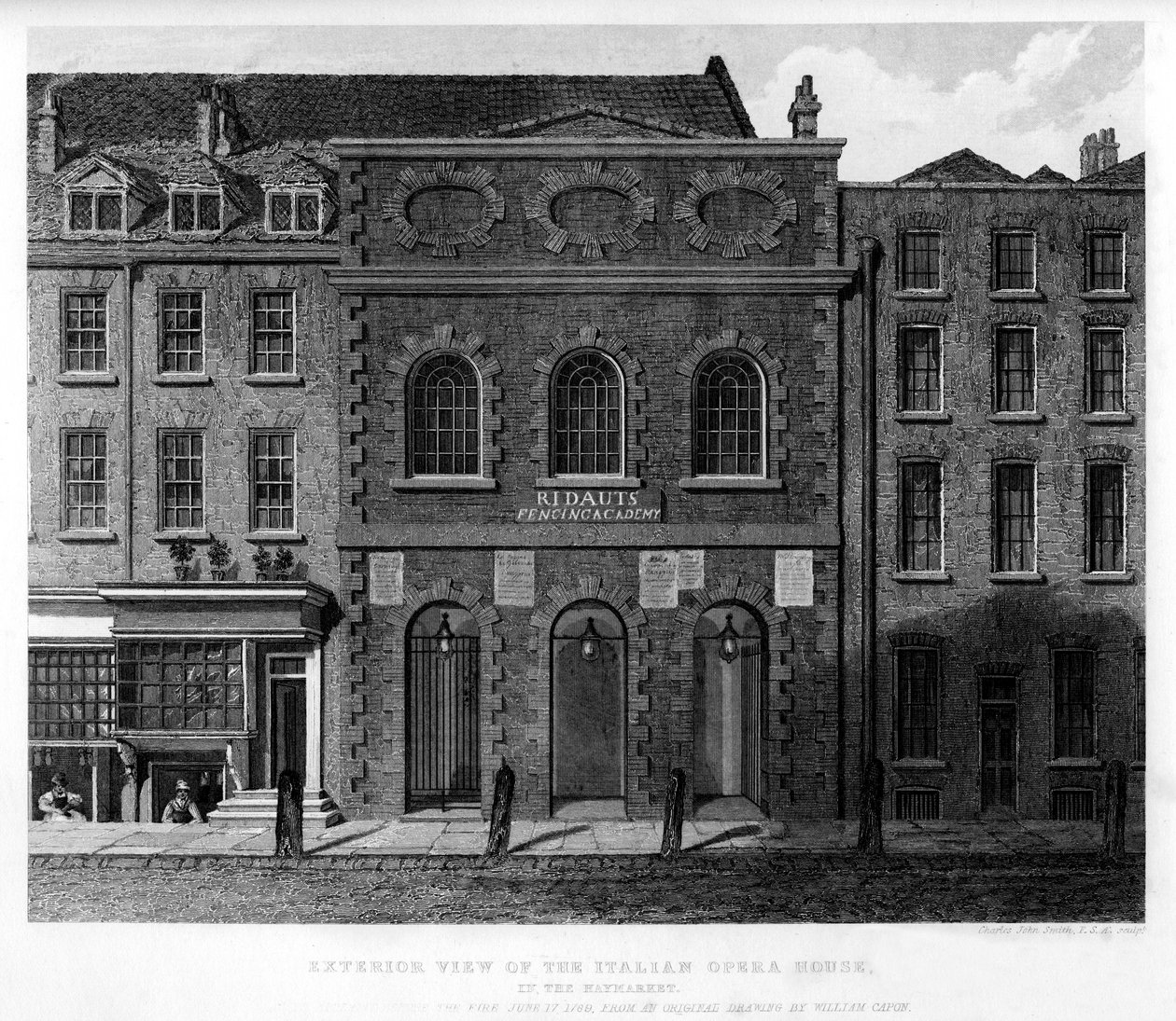 Az Olasz Operaház külső képe, Haymarket, 18. század, 1840 alkotó: Charles John Smith