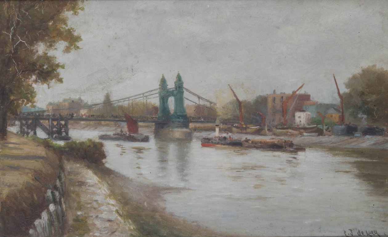 Hammersmith híd – a jelenlegi – 1887 után – a Surrey-partról nézve alkotó: Charles John de Lacy