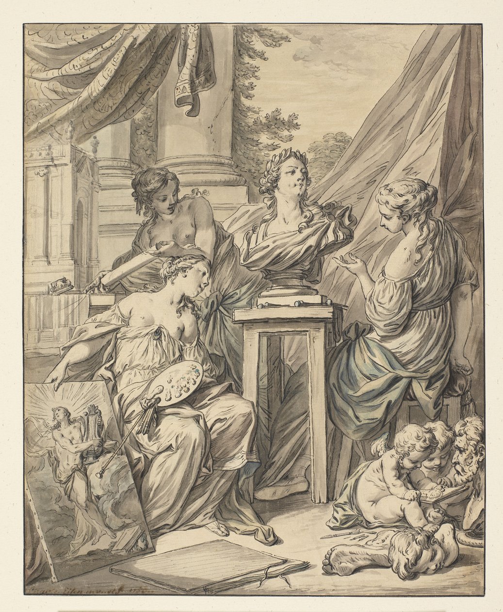 Képzőművészet, amelyet három nő személyesített meg, akik XV. Lajos felderítését ünneplik, 1753 (tinta, kréta és WC papíron) alkotó: Charles Joseph Dominique Eisen