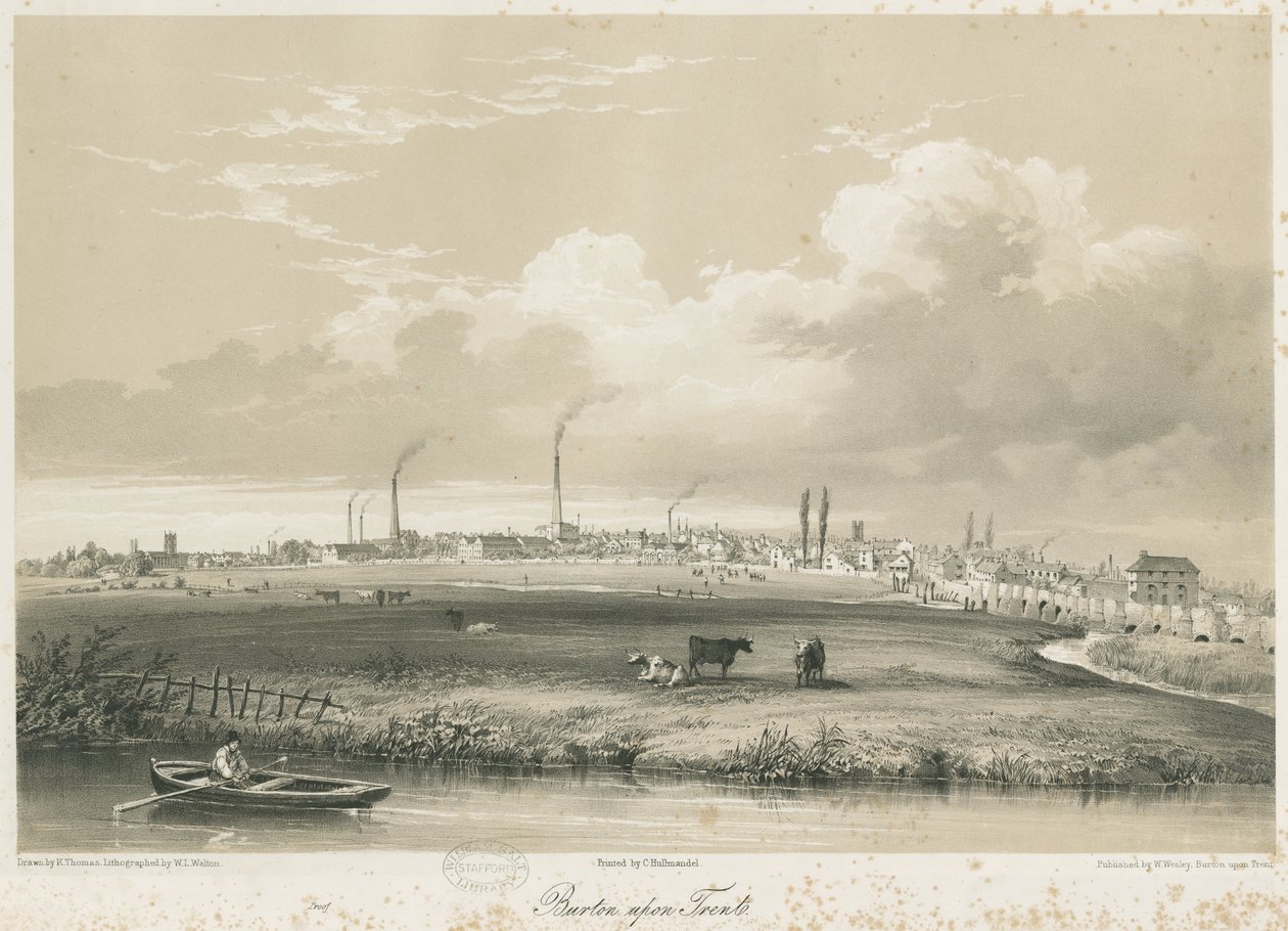 Burton-upon-Trent Bridge and Town: színezett litográfia, nd [c 1840] alkotó: Charles Joseph Hullmandel