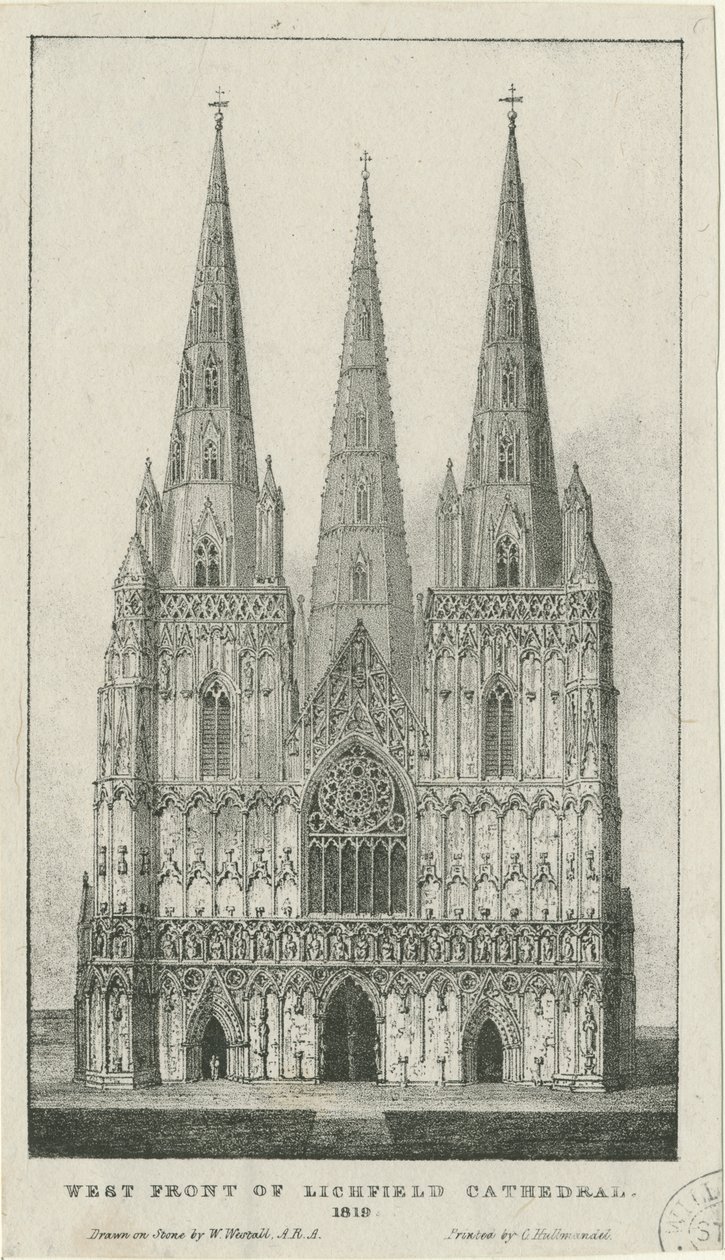 Lichfield katedrális – nyugati front: metszet, 1819 alkotó: Charles Joseph Hullmandel