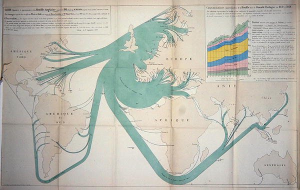 A Brit-szigetekről származó szénexportot 1864-ben ábrázoló térkép alkotó: Charles Joseph Minard