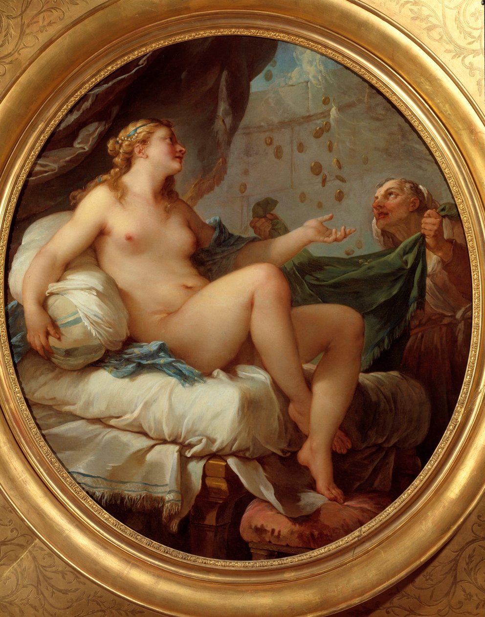 Danae aranyesőt kap Zeus seduit Danae aranypénzeső formájában. Charles Joseph Natoire festménye (Charles-Joseph Natoire alkotó: Charles Joseph Natoire