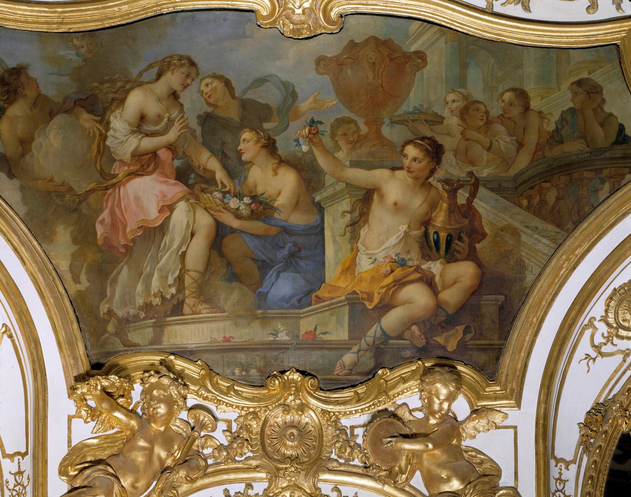 A Psyche története: "" A nimfák virágot kínálnak a Psychében az Amour palotájának küszöbén"" Charles Joseph Natoire mennyezetképe (Charles-Joseph Natoire alkotó: Charles Joseph Natoire