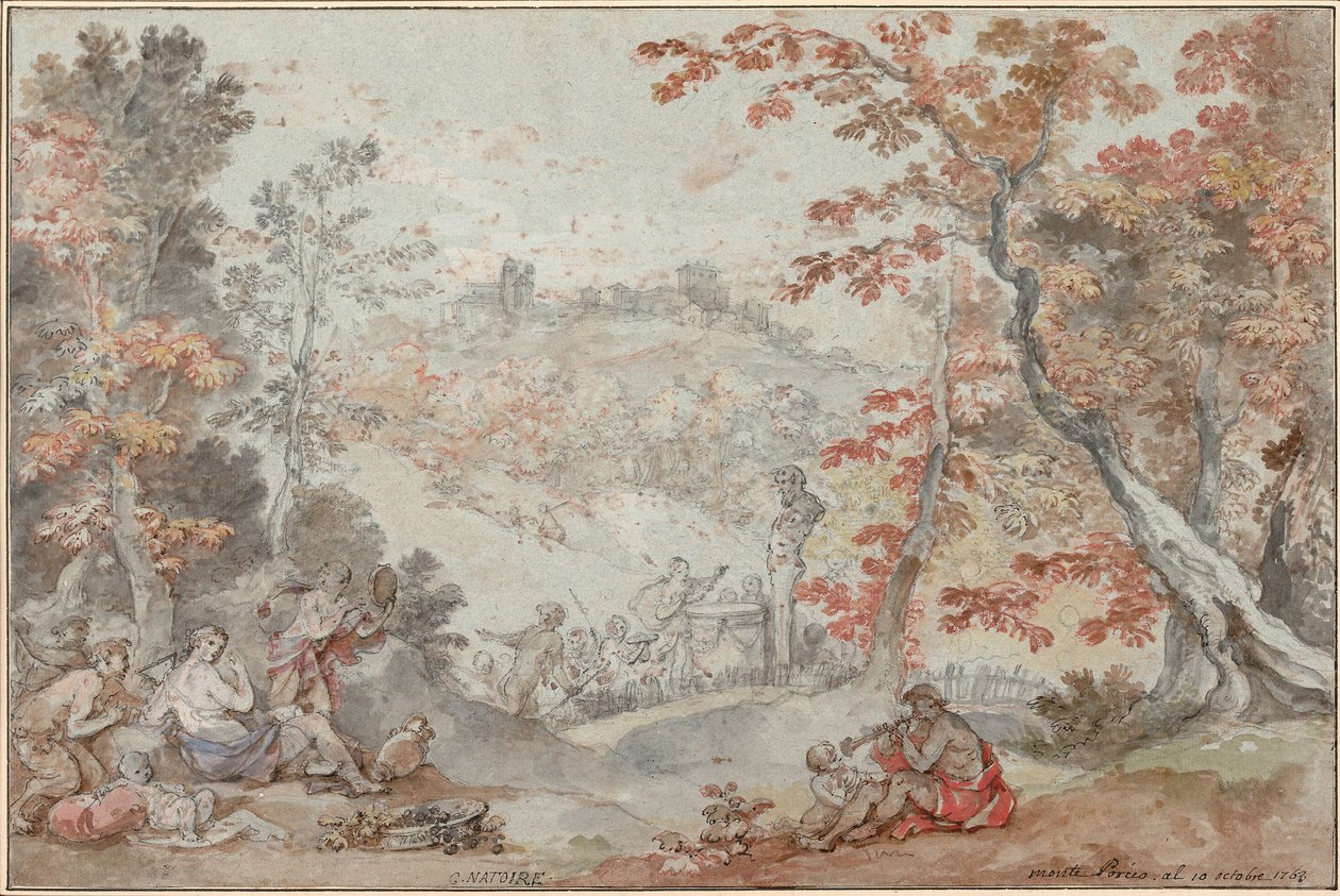 Olasz őszi táj Monte Porzióval és felajánlás Pannak, 1763 alkotó: Charles Joseph Natoire