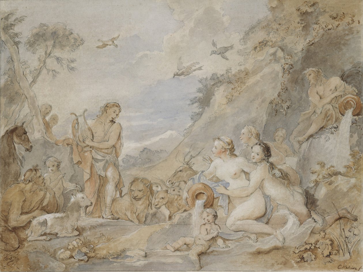 Orpheus elbűvöli a nimfákat, driádokat és állatokat, 1757. alkotó: Charles Joseph Natoire