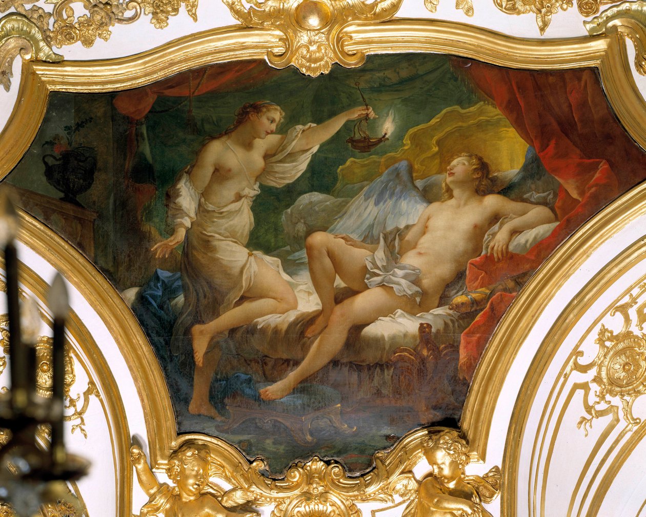 Psyche felemeli a lámpáját, hogy elgondolkodjon feleségén, Eroszon (vagy szerelem) Charles Joseph Natoire mennyezetfestményén (Charles-Joseph Natoire) alkotó: Charles Joseph Natoire