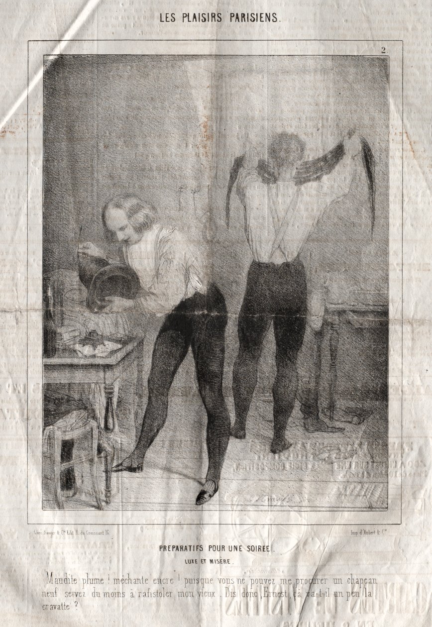 Les Plaisirs Parisiens: Előkészületek egy estére. Luxus és nyomorúság. Átkozott toll! rossz tinta!... alkotó: Charles Joseph Traviès de Villers