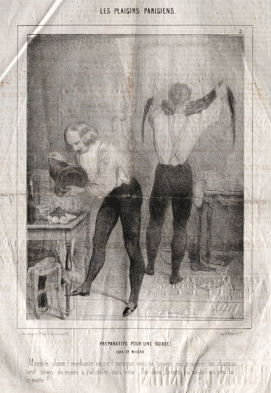 Les Plaisirs Parisiens: Előkészületek egy estére. Luxus és nyomorúság. Átkozott toll! Gonosz.... alkotó: Charles Joseph Traviès de Villers