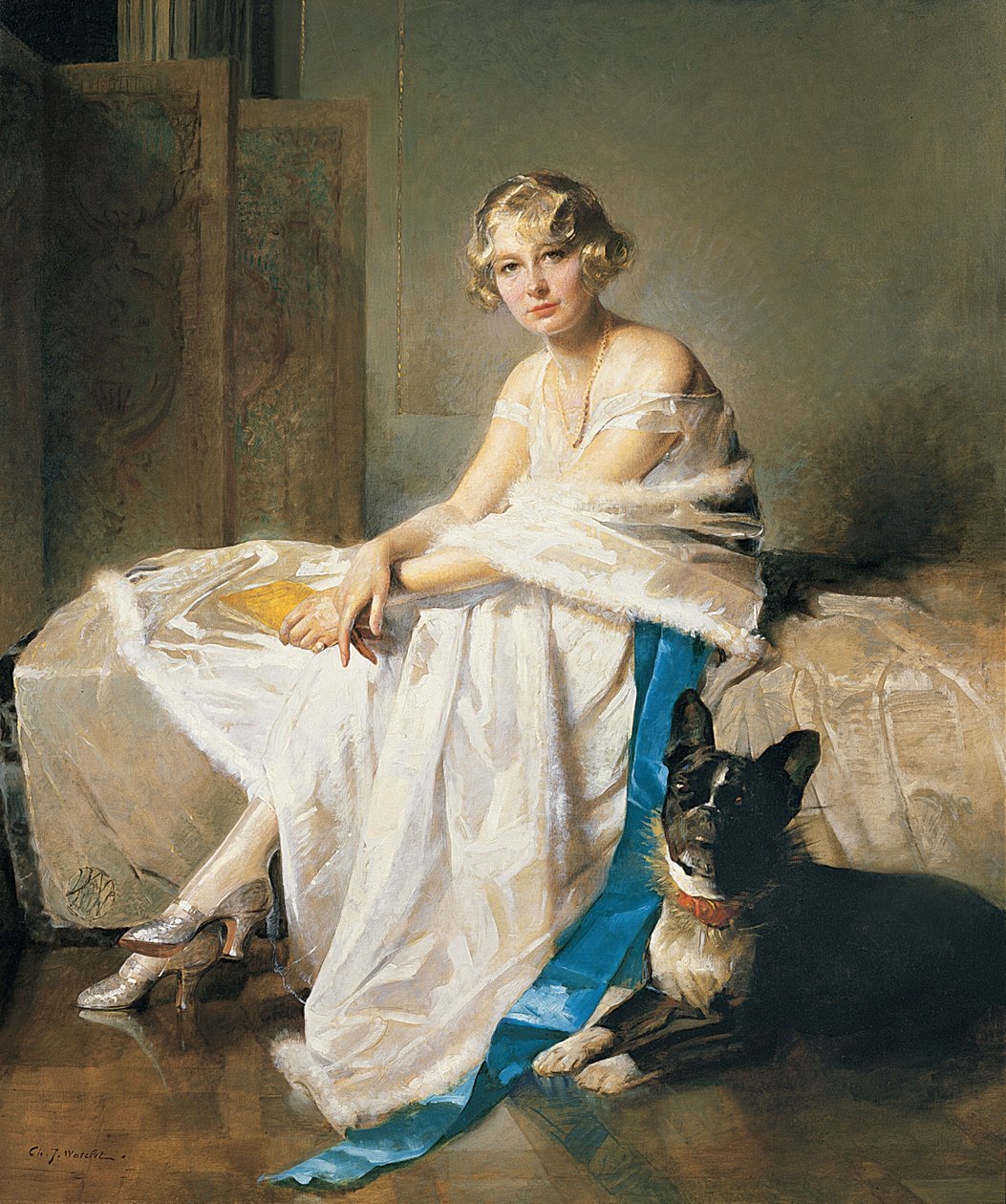 Elegáns hölgy francia bulldogjával egy enteriőrben, 1925 körül (olaj, vászon) alkotó: Charles Joseph Watelet