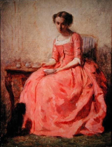 Lány rózsaszín ruhában az asztalnál (olaj, vászon) alkotó: Charles Joshua Chaplin