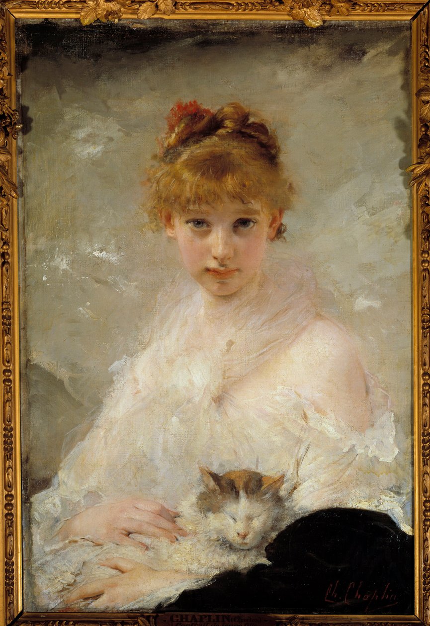 Charles Chaplin (1825-1891) Fiatal lány macskás festménye, 19. századi Compiegne, Nemzeti Kastélymúzeum alkotó: Charles Joshua Chaplin
