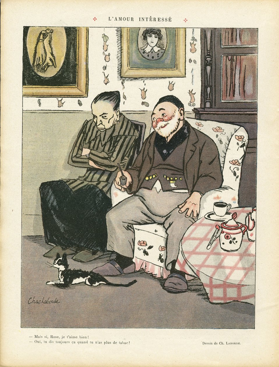 Illusztráció Chas-Laborde-ról (1886-1941) Le Rire-ben, 05/04/13 - Érdeklődő szerelem - Szerelem, Dohányzás, Belsőépítészet, Gasztronómiai szakács, Harmadik kor, Dohány - Macska alkotó: Charles Laborde