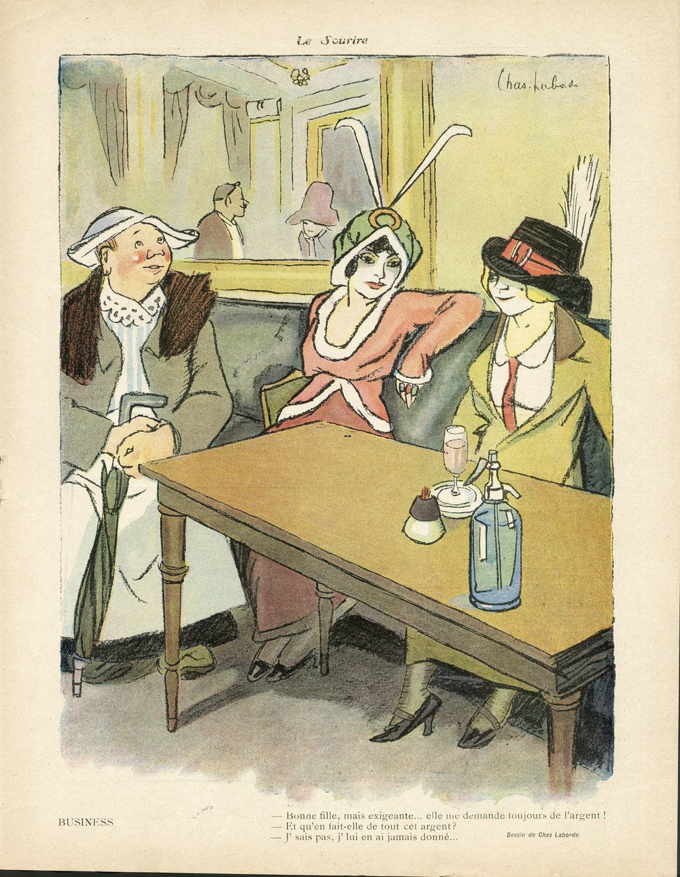 Illusztráció: Chas-Laborde (1886-1941) a Le Smile, 9. szám, 2013.02.27. - Üzlet - Éttermi kávézók, Divat, Kalap - Cupidite, Mohóság - Nők alkotó: Charles Laborde
