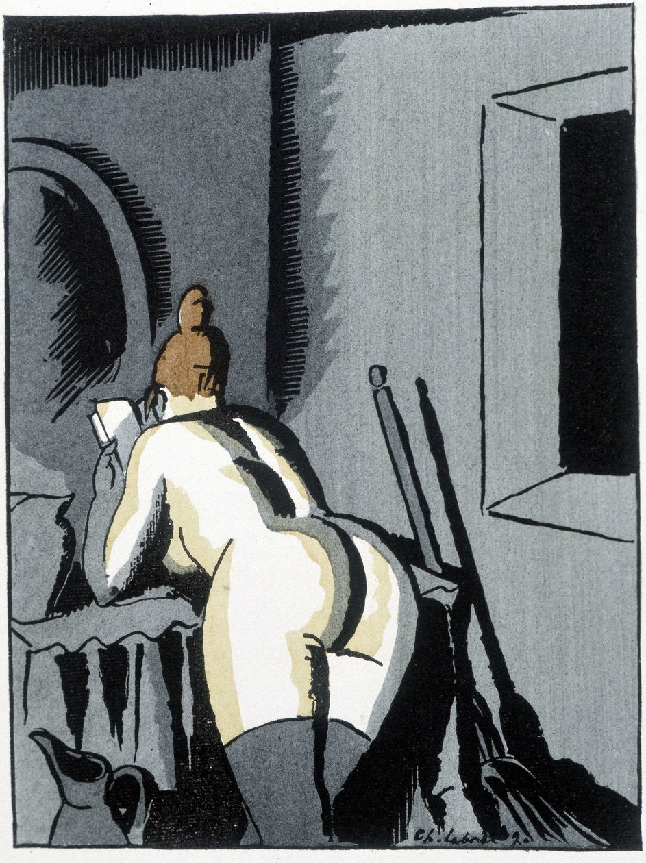Meztelen nő, hát, olvas – Pierre Mac Orlan „Le negre Leonard” című könyvében, ill. de Chas. Laborde (Charles Laborde) (1886-1941), szerk. a banner alkotó: Charles Laborde