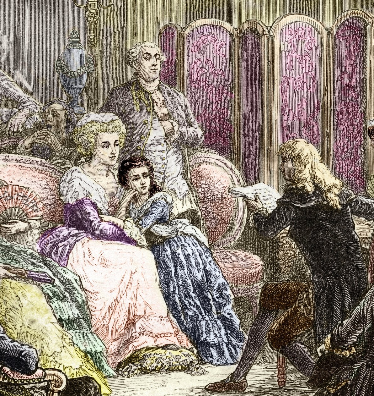 Suzanne Curchod és Madame Necker szalonja (metszet) alkotó: Charles Laplante