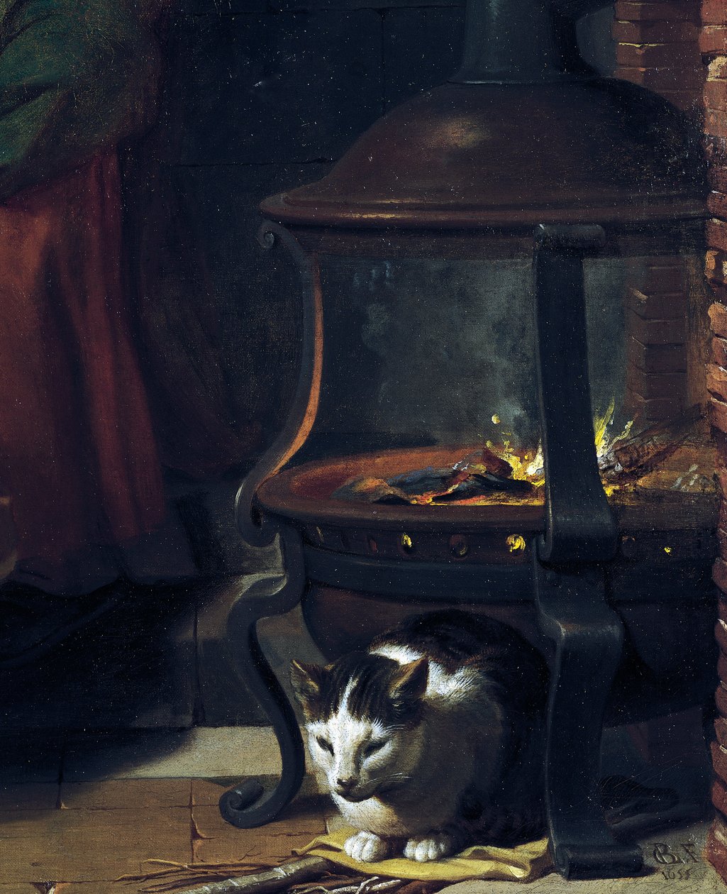 Macska égő kályha alatt, részlet az Alvás csecsemő Jézusból, Charles Le Brun (1619-1690) festménye, olaj, vászon, 87x118 cm, Franciaország alkotó: Charles Le Brun