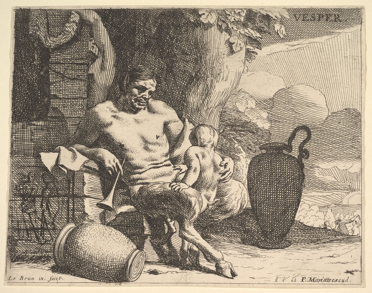 Este: egy ülő szatír összekulcsolja gyermekét, egy alak füzért akaszt a mólón túl, f..., kb. 1640. alkotó: Charles Le Brun