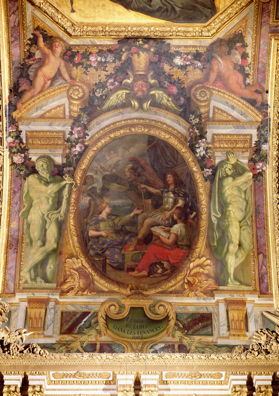 1662-ben visszanyert pénzügyi rend, mennyezeti festmény a Galerie des Glaces-ből alkotó: Charles Le Brun