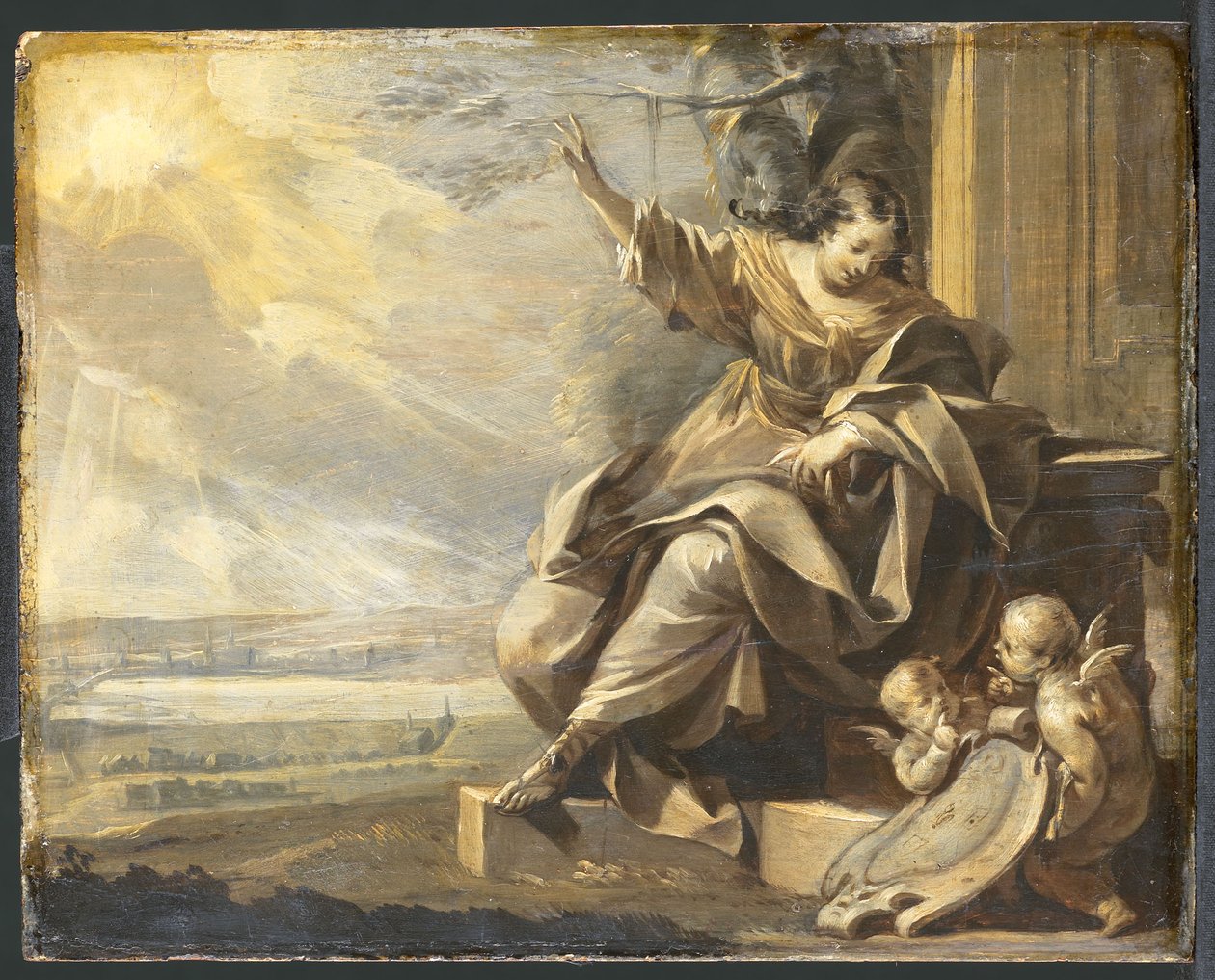 Német: Ülő női alak két puttival és folyami tájkép, Grisaille Allegorikus női alak két puttival alkotó: Charles Le Brun