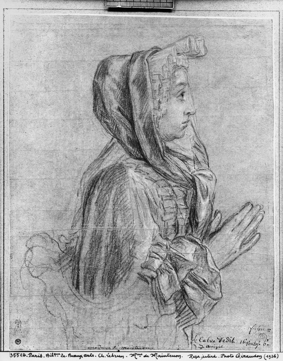 Egy nő félhosszú profilja összekulcsolt kezekkel, Madame de Maintenon néven (pierre noire és kréta barna papíron) alkotó: Charles Le Brun