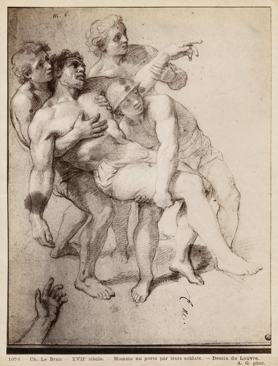 Félmeztelen férfi, három férfi támogatásával, „Nagy Sándor és Porus” vagy „Pórus veresége” című tanulmány, 1665-73 körül (pierre noire és fehér kréta kiemelések bézs színű papíron) alkotó: Charles Le Brun
