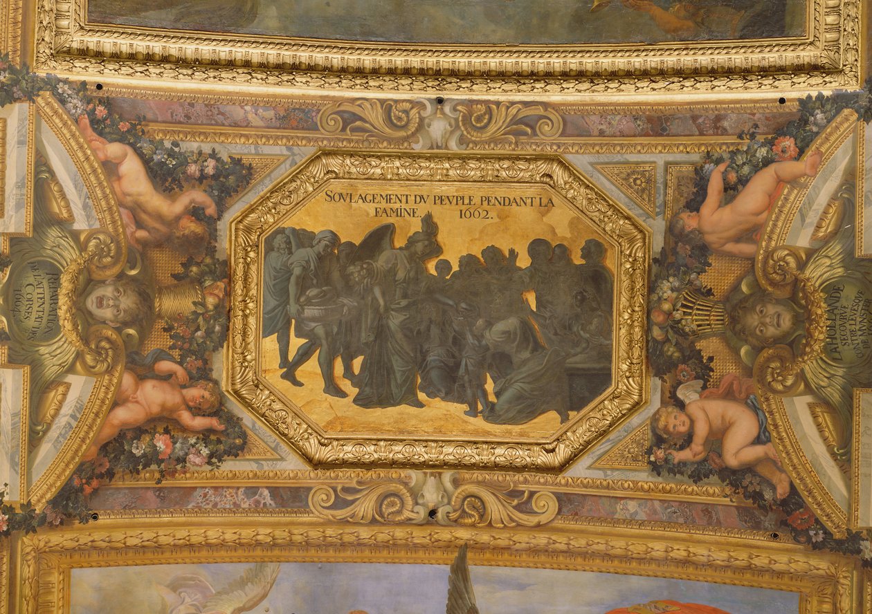 Segítség az embereknek az 1662-es éhínség idején, mennyezeti festmény a Galerie des Glacesből alkotó: Charles Le Brun