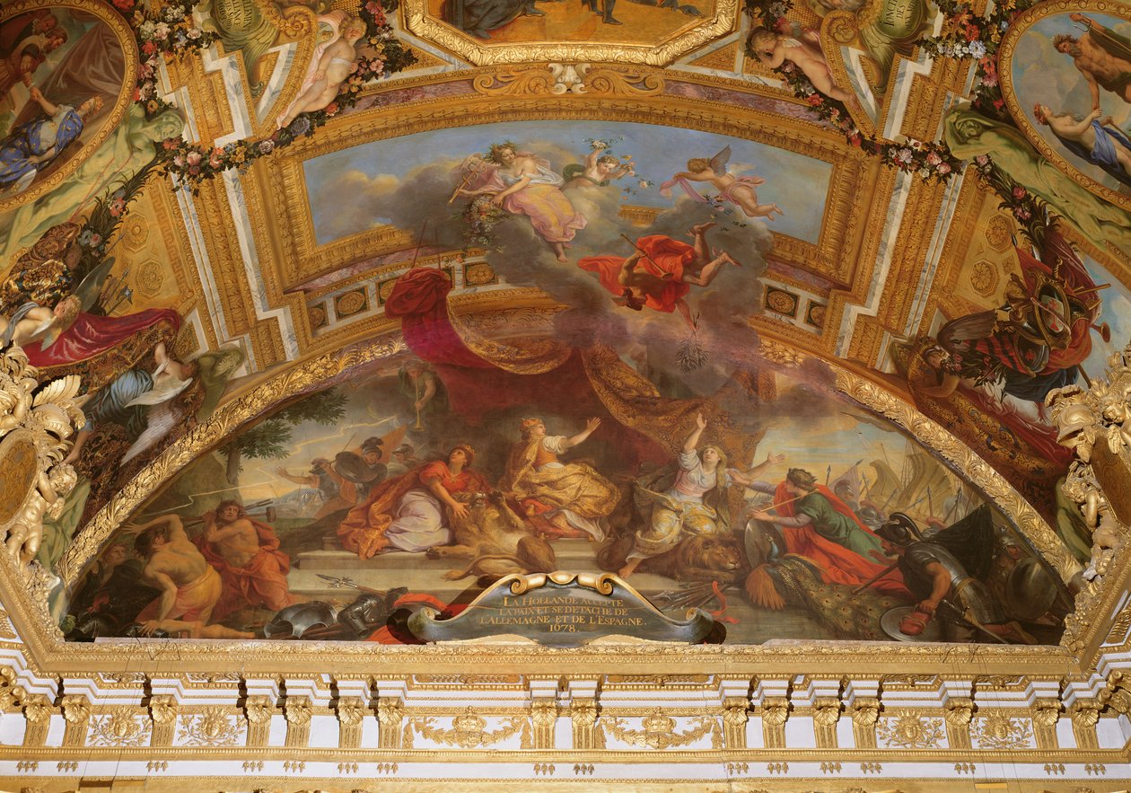 Hollandia elfogadja a békét és elszakad a Szent Római Birodalomtól és Spanyolországtól 1678-ban, mennyezetfestmény a Galerie des Glaces-ból alkotó: Charles Le Brun