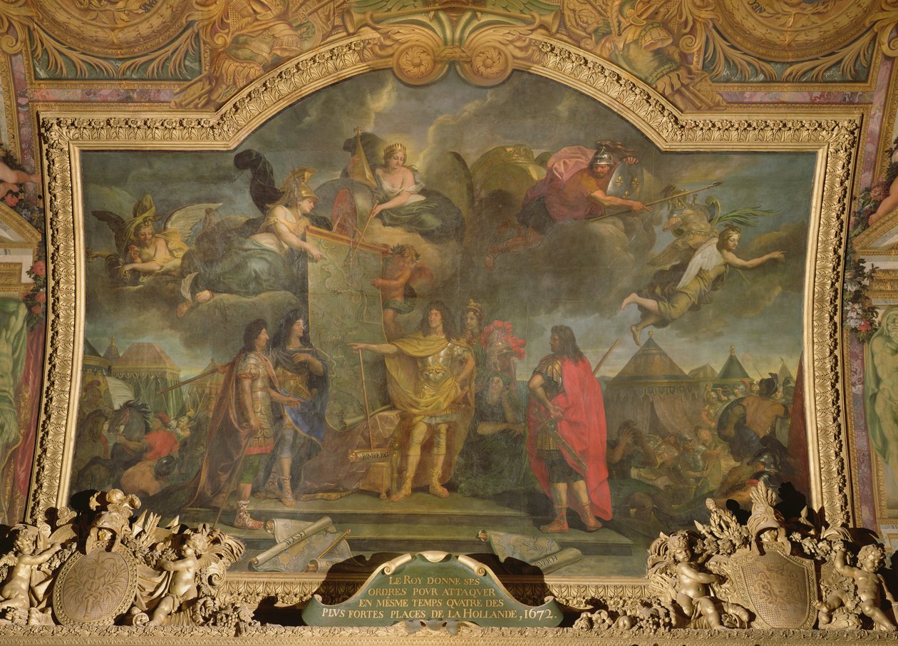XIV. Lajos király (1638-1715) parancsot ad a négy legerősebb holland pozíció egyidejű megtámadására 1672-ben, a Galerie des Glaces mennyezeti festménye alkotó: Charles Le Brun
