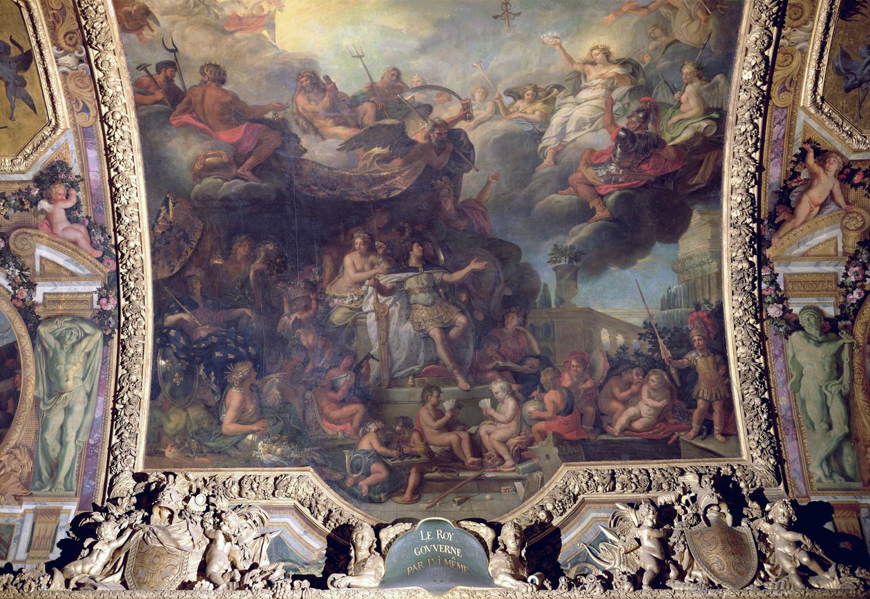 XIV. Lajos király (1638-1715) egyedül kormányzott 1661-ben, mennyezeti festmény a Galerie des Glacesből alkotó: Charles Le Brun