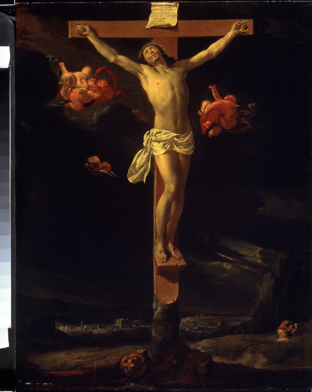 A keresztre feszítés (The Crucifixion). A kereszten a latin felirat olvasható: „His est iesus rex iudeorum” (Ez Jézus, a zsidók királya). Charles Le Brun (1619-1690) festménye alkotó: Charles Le Brun