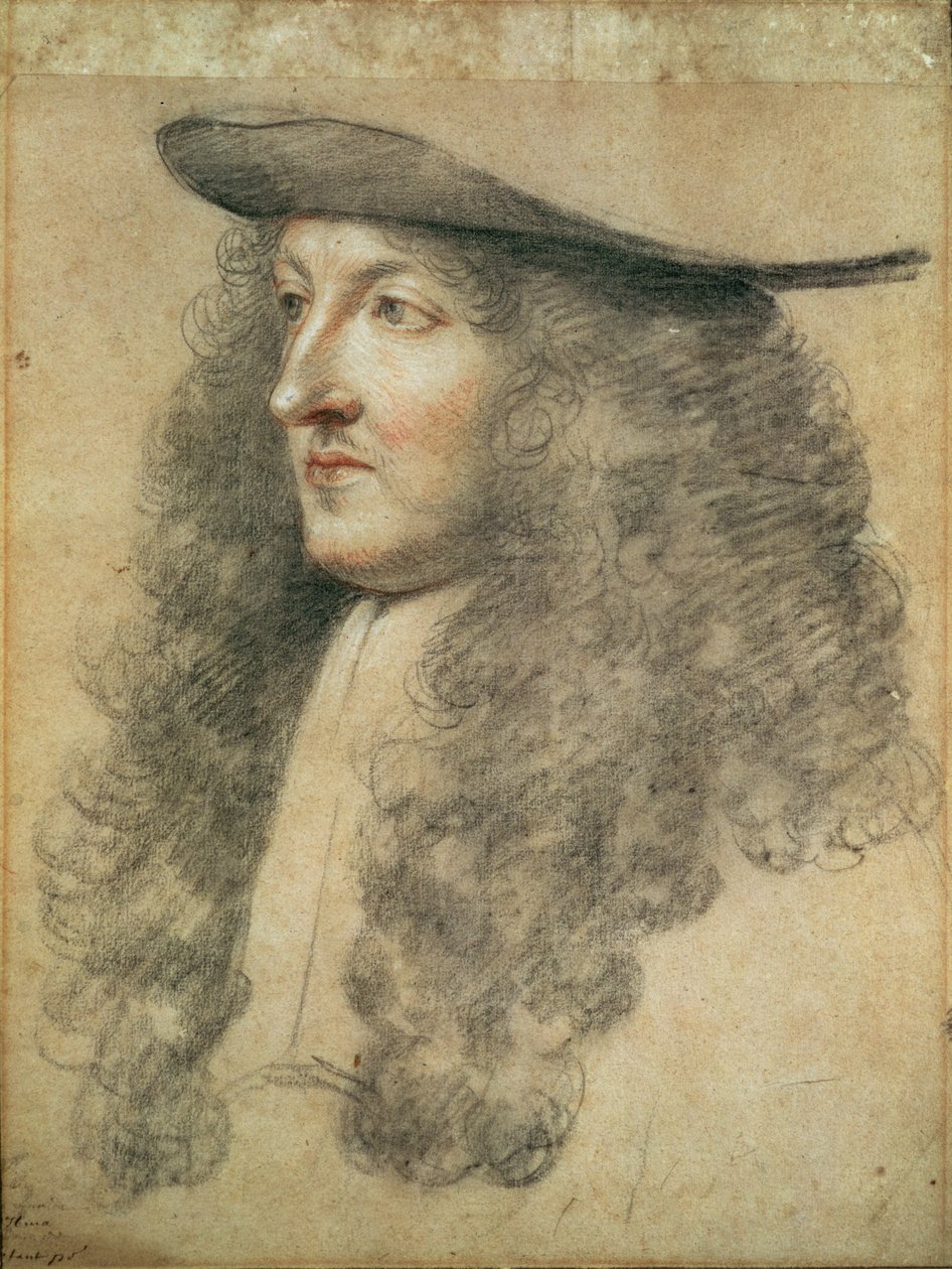 XIV. Lajos király arcképe, 1663 körül (fekete, vörös és fehér kréta papíron) alkotó: Charles Le Brun